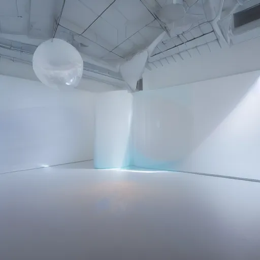 Image similar to an ultra high definition professional studio quality photograph of a transparent iridescent perspex pastel coloured inflatable parachute sculpture material in an empty white room. dramatic lighting, ray tracing, refraction, shallow d. o. f, colour corrected, golden ratio, three point light. volumetric shadows. god rays.