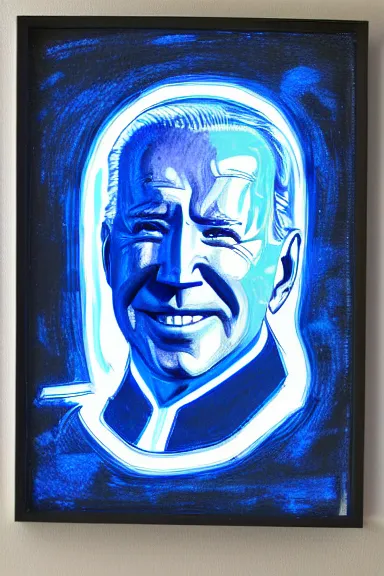 Prompt: portrait of joe biden in white armor with blue lights in it by david lazar