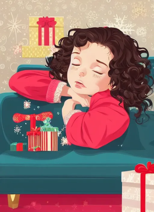 Prompt: little girl with short wavy curly hair, asleep on the couch at christmas. surrounded by gifts. high quality detailed face. clean cel shaded vector art. shutterstock. behance hd by lois van baarle, artgerm, helen huang, by makoto shinkai and ilya kuvshinov, rossdraws, illustration, art by ilya kuvshinov