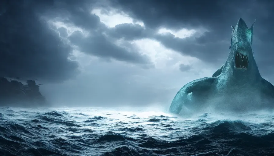 Image similar to a prehistoric monster emerges out of the ocean, waves and volumetric lighting, heavy rain, atmospheric, high resolution, rendering, octane, redshift