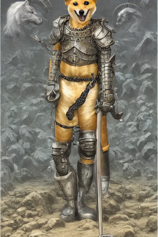 Image similar to a detailed matte portrait of an anthropomorphic shiba inu in steel plate armor, shiba inu face, very large longsword leaning against the side of a tavern, city streets, masterpiece, 8 k, art by donato giancola and greg rutkowski and wayne barlow and zdzisław beksinski