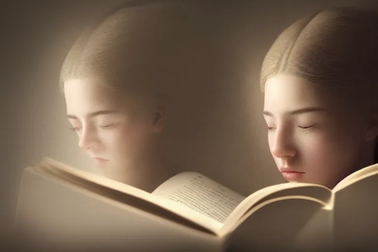 Image similar to an ultra realistic, cinematic, headshot portrait, of a girl reading a book, facial features, detailed, deep focus, movie still, dramatic lighting, ray tracing, by michal karcz and yoshitaka amano