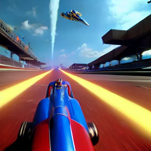 Image similar to new f - zero game 2 0 2 5, ps 5, rtx graphics, ultra reflections, unreal engine 5, f - zero rtx remaster, high - speed, blue tint, sci - fi flying racecars, artstation, photorealistic screenshot, bokeh, still, 5 0 mm, next - gen game