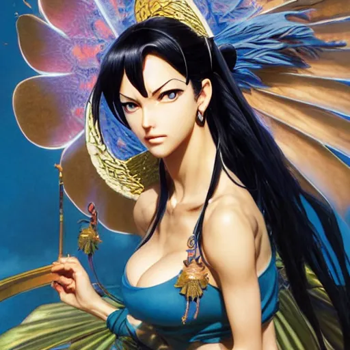 Image similar to highly detailed vfx portrait of nico robin by eiichiro oda!, yusuke murata, greg rutkowski, makoto shinkai, tom bagshaw, alphonse mucha, sharp focus, art by artgerm and stanley kubrick, backlit, harsh overhead sunlight,