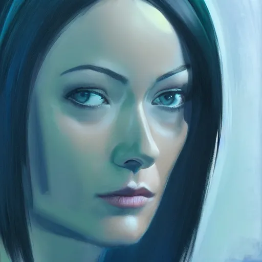 Prompt: olivia wilde as quorra, black bob cut hair, tron legacy setting, close - up, intricate details, mysterious feeling, crisp, vivid colors, blue filter, by gregory manchess, oil on canvas, 8 k