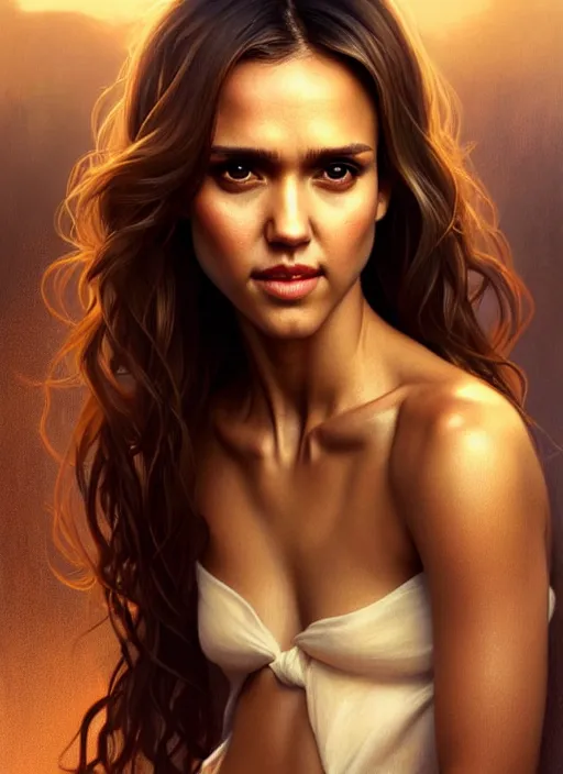 Image similar to half Jessica Alba half Nathalie Portman a pure gorgeous seductive angel, full body portrait, slight smile, diffuse natural sun lights, autumn lights, highly detailed, digital painting, artstation, concept art, sharp focus, illustration, art by wlop and greg rutkowski and alphonse mucha and artgerm
