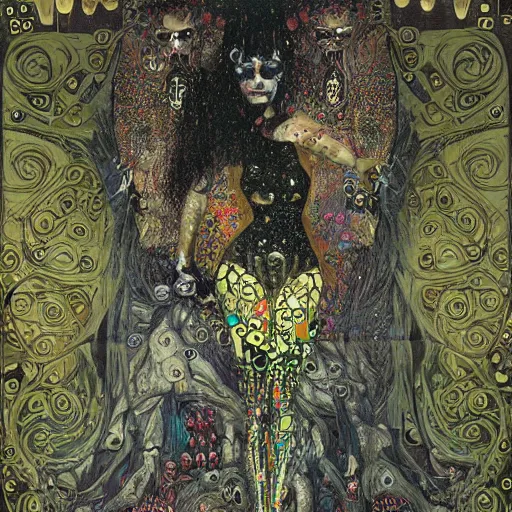 Image similar to depraved cybernetic demon, lsd, circuitry, intricate detail, klimt, frazetta,