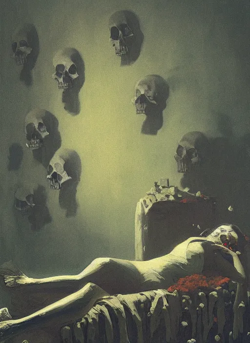 Prompt: woman sitting on a pile of skulls, snowing night by Edward Hopper and James Gilleard, Zdzislaw Beksinski, Katsuhuro Otomo highly detailed