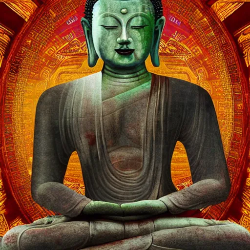 Image similar to An incredibly huge and influential statue of buddha found after years of contemplating, travelling and exploring in lucid dreams finally leading towards the answer to the question you didn't even know you had, digital art, fantastical details, amazing artwork, award winning