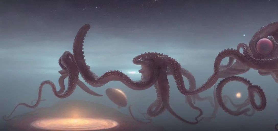 Image similar to a robotic octopus consuming jupiter, foggy, cinematic shot, photo still from movie by denis villeneuve, wayne barlowe