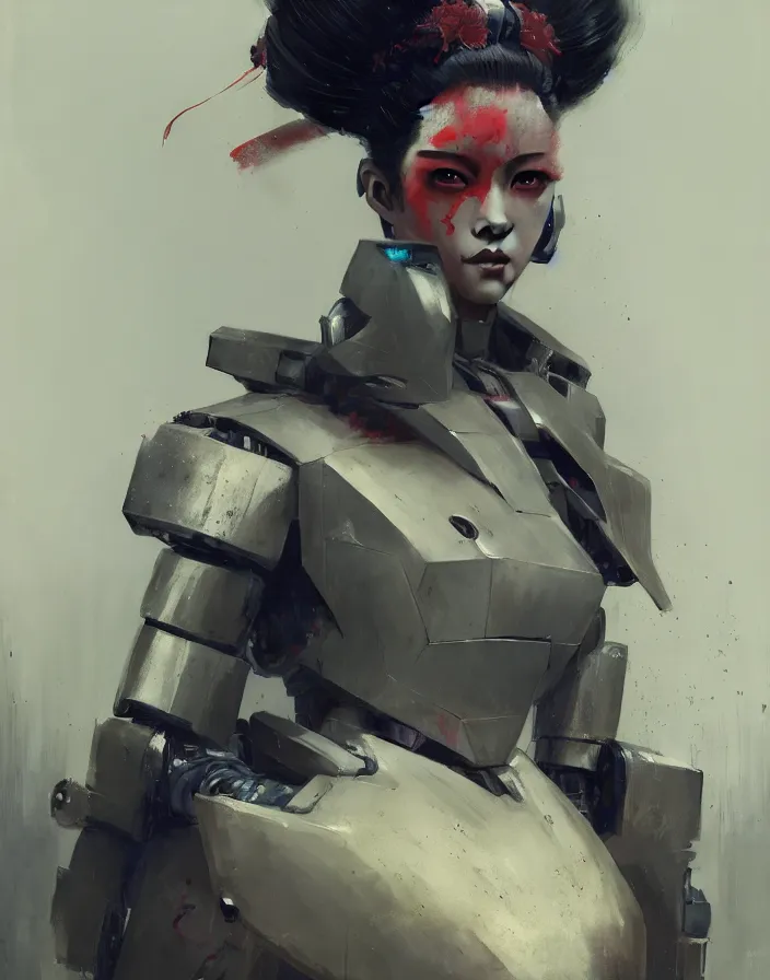 Image similar to portrait of a geisha robot by greg rutkowski and ruan jia, mecha, washed colors, dark, gloomy, matte painting, unreal engine 5