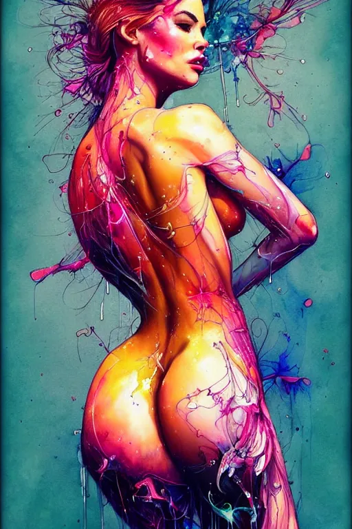 Image similar to sophia vergara by patrice murciano and agnes cecile and enki bilal moebius, intricated details, 3 / 4 back view, bendover posture, full body portrait, extremely luminous bright design, pastel colours, drips, autumn lights