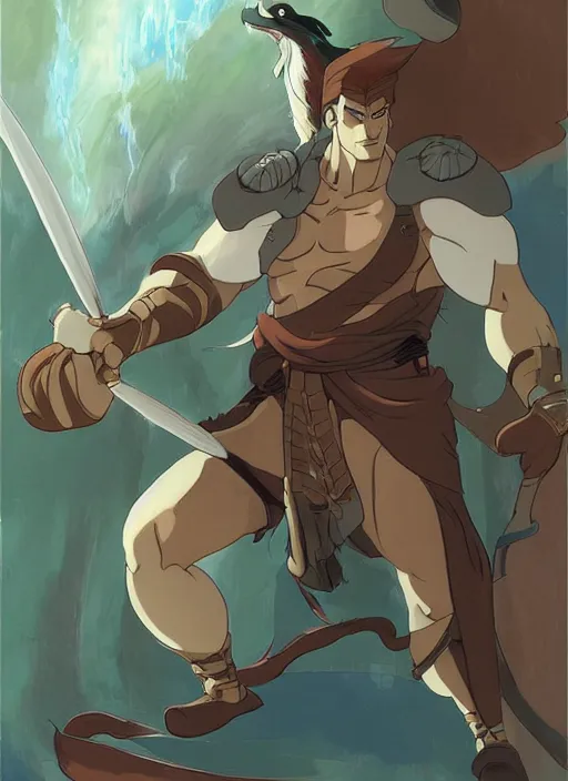 Image similar to official digital painting artwork of a male warrior character by don bluth, ross tran and studio ghibli.