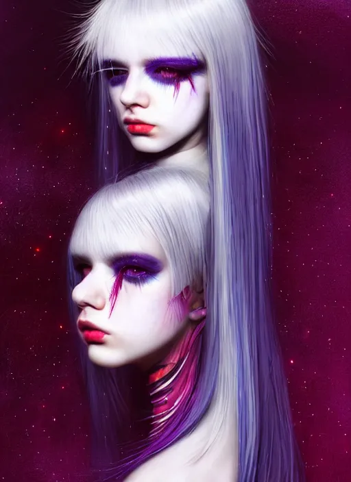 Image similar to hair whitebangs hair, black cyberlox, portrait of teenage girl with white bangs, whitebangsblackhair, messy bangs, cyberlox, whitebangs, red irises, purple clothes, intricate, elegant, glowing lights, highly detailed, digital painting, artstation, concept art, sharp focus, illustration, art by wlop, mars ravelo and greg rutkowski