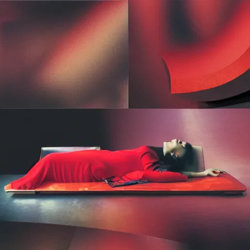 Image similar to by frank gehry crimson a e s t h e t i c, dreary. a collage of a woman reclining on a bed.