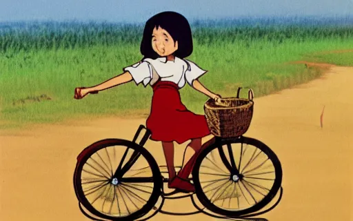 Prompt: a young girl riding a bike with a basket on a dirt path, 1970s philippines, art by hayao miyazaki, studio ghibli film, hi res, 4k