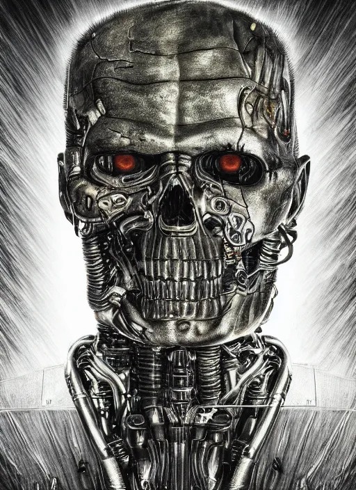 Prompt: portrait of terminator, by wayne barlow, stanley donwood, anton semenov, zdzislaw bekinski, hr giger, 8 k, sci fi, dark, highly detailed