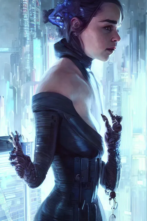 Image similar to Emilia Clarke in a Cyberpunk Outfit, anatomy, only two hands, highly detailed, digital painting, artstation, concept art, smooth, sharp focus, illustration, Unreal Engine 5, 8K, art by art by artgerm and greg rutkowski and edgar maxence