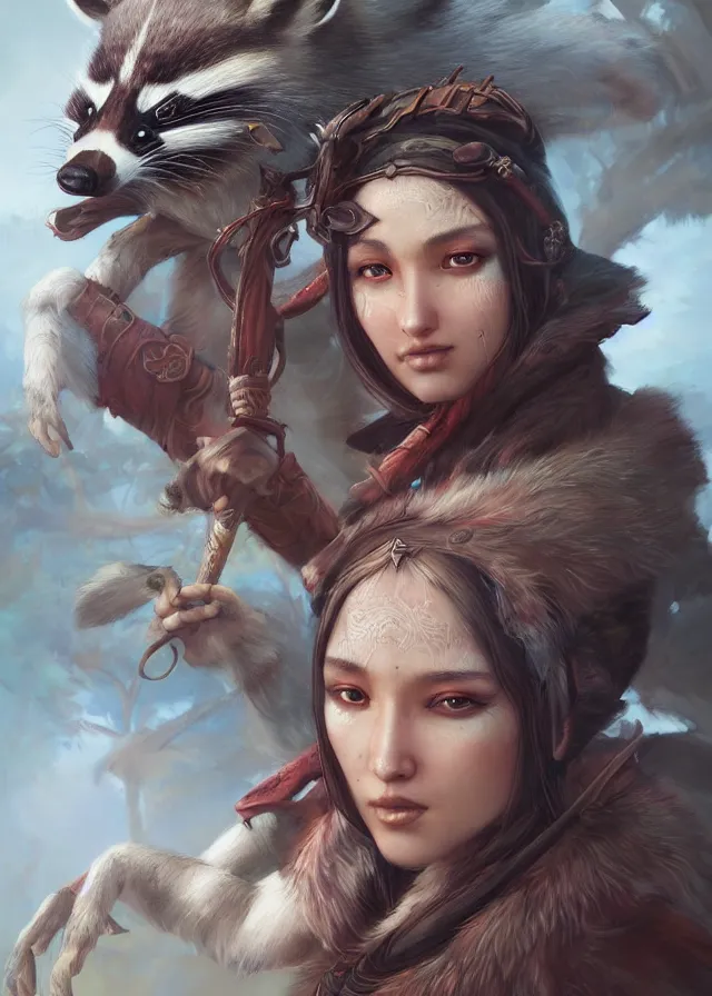 Prompt: a beautiful hyper realistic detailed painting of the sacred spirit raccoon who protect these land, by tom bagshaw, ross tran and bayard wu, inspired by dragon age inquisition featured on artstation