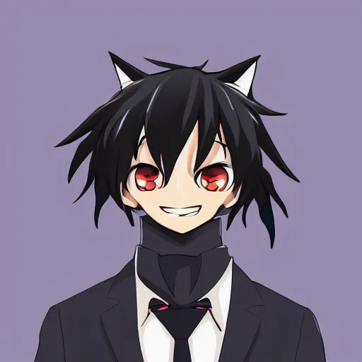 Image similar to key anime visual professional art of a close shot of an anthropomorphic black male wolf anthro furry fursona, wearing a business suit, handsome male eyes, anime office interior, official anime still, anime