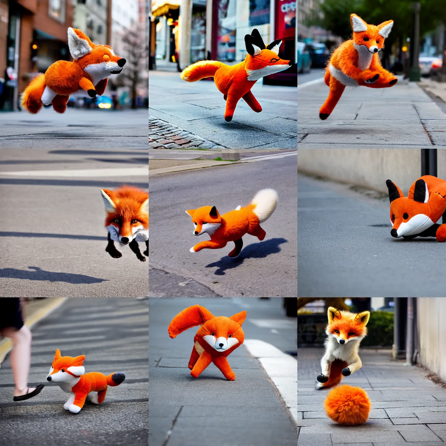 Prompt: An airborne pouncing stuffed animal toy fox plushie pouncing on the sidewalk, dynamic, motion blur, 1/4 shutter speed, award winning photography