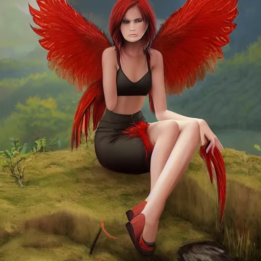 Image similar to Harpy, young woman, red feathered wings, bird legs, wearing Inka clothes, sad expression, sitting at a pond, mountainous area, trees in the background, trending on artstation