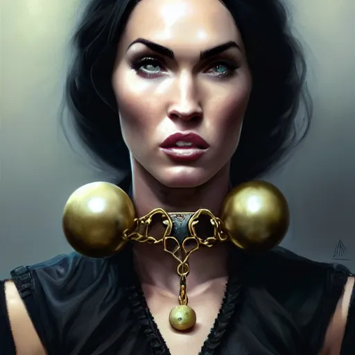 Image similar to portrait of megan fox with ball gag, muscular upper body, collar, greek, jewelry, black dress, fantasy, intricate, elegant, highly detailed, digital painting, artstation, concept art, matte, sharp focus, illustration, art by aenaluck and roberto ferri and greg rutkowski, epic fantasy, digital painting