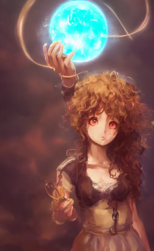 Image similar to anime girl with curly hair holding a magical orb, WLOP, concept art, digital painting, trending on artstation, highly detailed, epic composition, 8k UHD