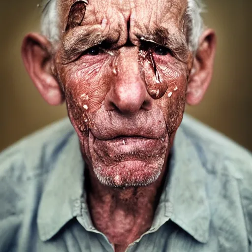 Prompt: a photographic portrait of a rugged elderly man with tears running down face by Martin Schoeller