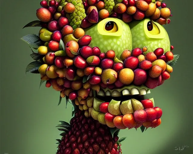 Prompt: a fruit monster made of different fruit, 3 7 1, walking around in forest, detailed mouth, detailed eyes, forest background, trees and flowers, trees in foreground, rays of golden sunlight, oil painting, highly detailed, dramatic lighting, hyperrealistic, smooth, intricate, artstation, cgsociety, by artgerm, by wlop