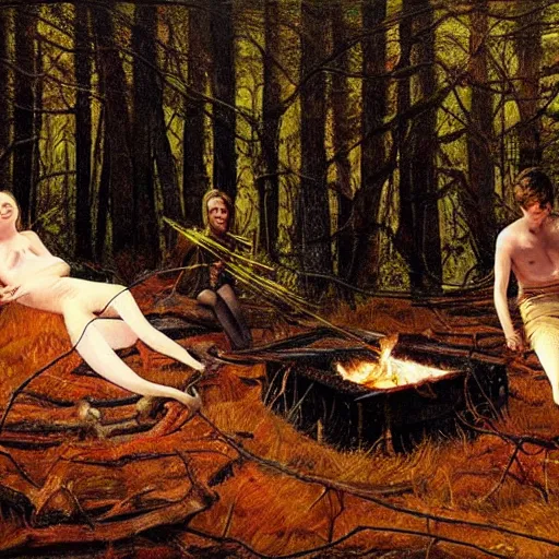 Image similar to a striking hyper real painting of Elle Fanning with cybernetics, starlit night, campfire, by Andrew Wyeth