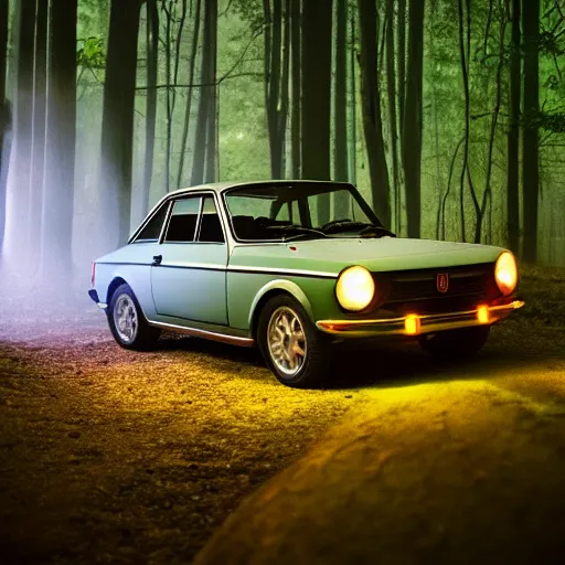 Image similar to fiat 1 2 4 in the dark forest, night, headlights are on, professional photography, vaporwave