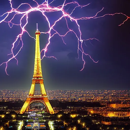 Image similar to Eiffel tower in Paris as giant charged tesla coil with blue white red lightning bolts all over the sky filled with dark clouds, epic city landscape digital art