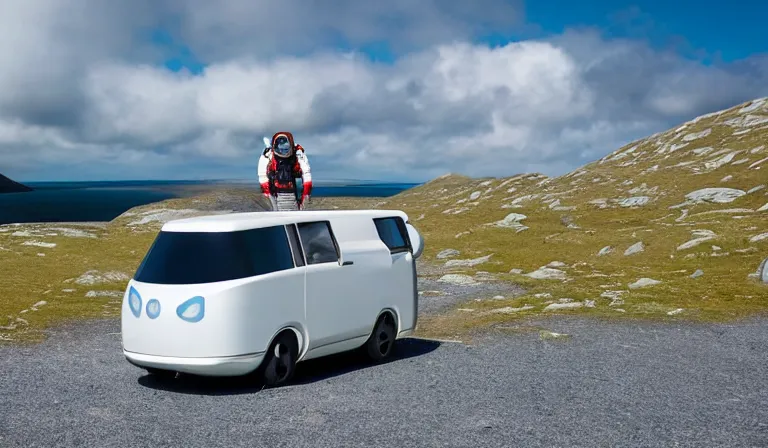 Prompt: tourist astronaut wearing futuristic space suit, standing in the Isle of Harris, Scotland, a futuristic silver campervan in the background, wide angle lens, photorealistic