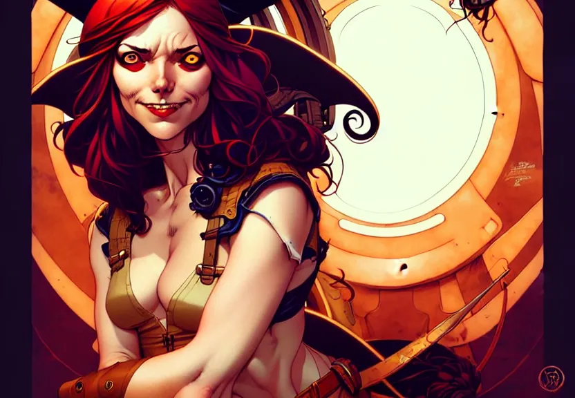 Prompt: artgerm, joshua middleton comic cover art, pretty pirate joanne calderwood smiling, full body, symmetrical eyes, symmetrical face, long curly black hair, on a pirate ship background, warm colors