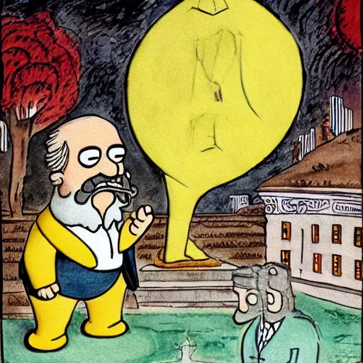 Image similar to the epic battle between Jordan Peterson and Karl Marx, stylised watercolour painting by William Blake and Matt Groening