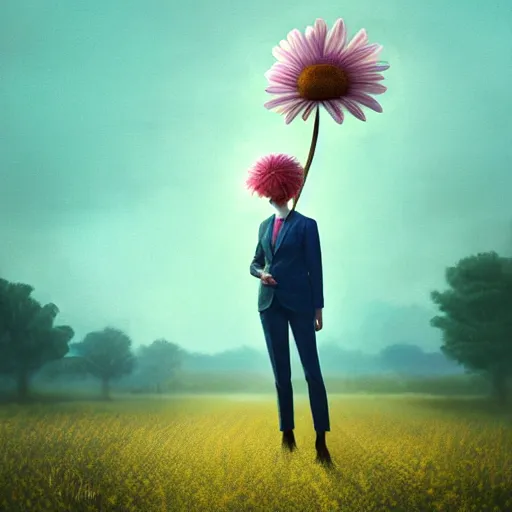 Image similar to enlarged daisy flower head, frontal, girl in a suit, surreal photography, sunrise, dramatic light, impressionist painting, digital painting, artstation, simon stalenhag