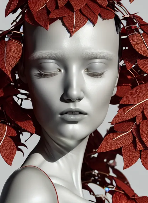 Image similar to complex 3d render ultra detailed of a beautiful porcelain profile young woman face, mechanical cyborg, 200 mm lens cinematic lights, beautiful studio soft light, rim light, silver gold red details, magnolia big leaves and stems, roots, fine foliage lace, mesh wire, Alexander Mcqueen high fashion haute couture, luxurious, art nouveau fashion embroidered, intricate details, hyper realistic, ultra detailed, mandelbrot fractal, anatomical, facial muscles, cable wires, microchip, elegant, octane render, H.R. Giger style, 8k post-production