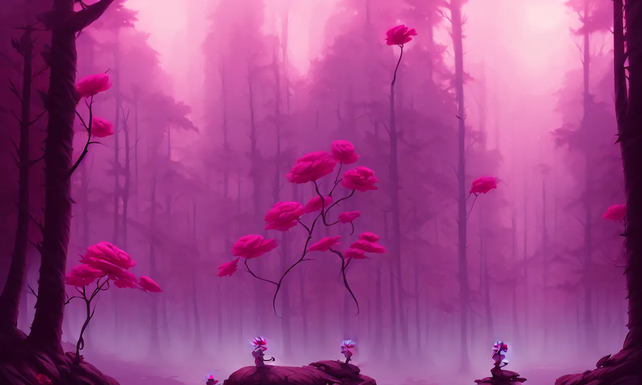 Image similar to Dark forest, pink rose, behance hd by Jesper Ejsing, by RHADS, Makoto Shinkai and Lois van baarle, ilya kuvshinov, rossdraws global illumination