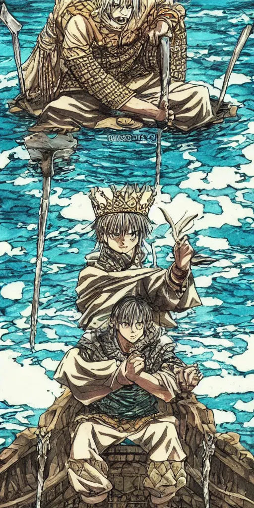 Prompt: a king sitting on a throne floating on water in the middle of a lake drawn by Makoto Yukimura in the style of Vinland saga anime, full color