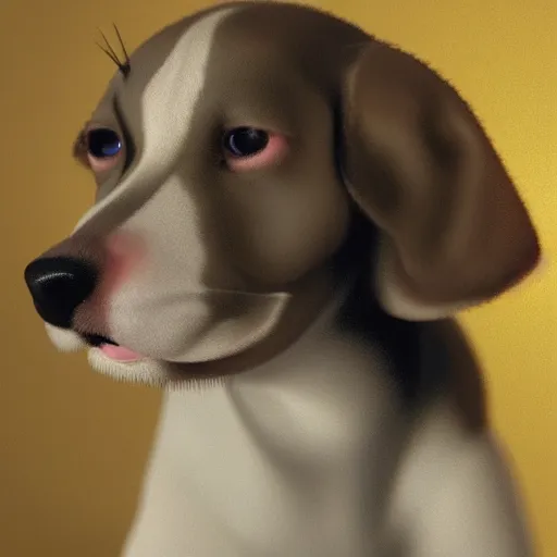 Prompt: a cartoon closeup portrait of an innocent, elegant puppy, smiling, wearing pearl earrings, blender render, global illumination, by jan vermeer