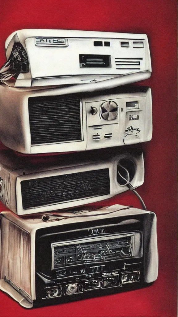 Prompt: 1 9 8 0 s airbrush surrealism illustration of a radio by dennis magdich