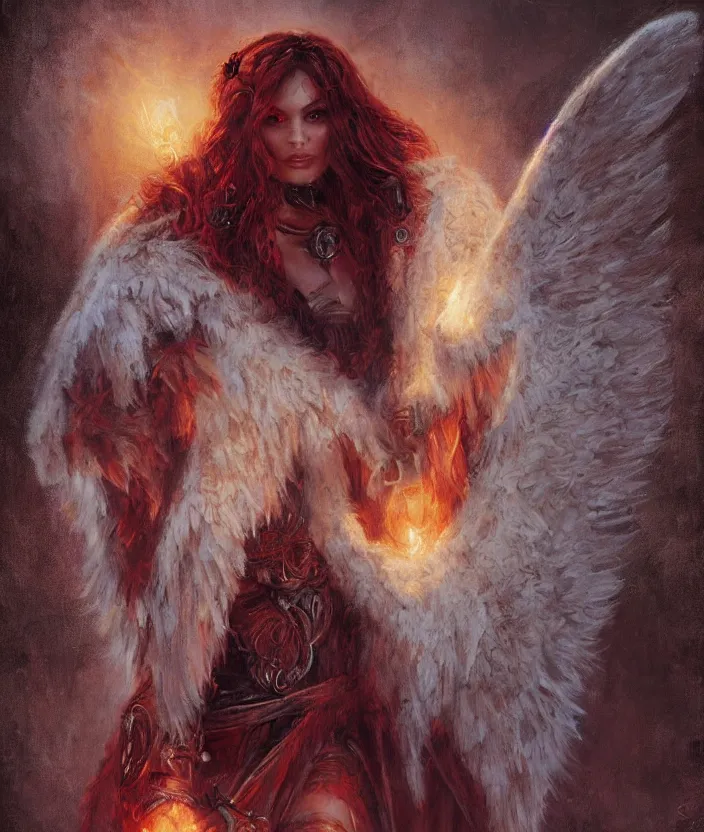 Image similar to Blizzard Angel Warrior, fur coat, mysterious, fantasy artwork, warm colors, by seb mckinnon