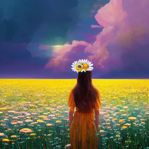 Prompt: head made of daisies, girl standing in a vast flower field, holding flowers, surreal photography, sunrise dramatic light, impressionist painting, colorful clouds, large sky, digital painting, artstation, simon stalenhag, flower face