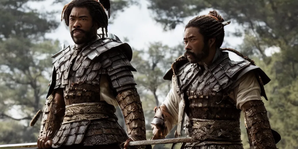 Image similar to a film still of a black man starring in a japanese blockbuster film as an ancient samurai, shallow depth of field, cinematic, award winning cgi, vfx, film still