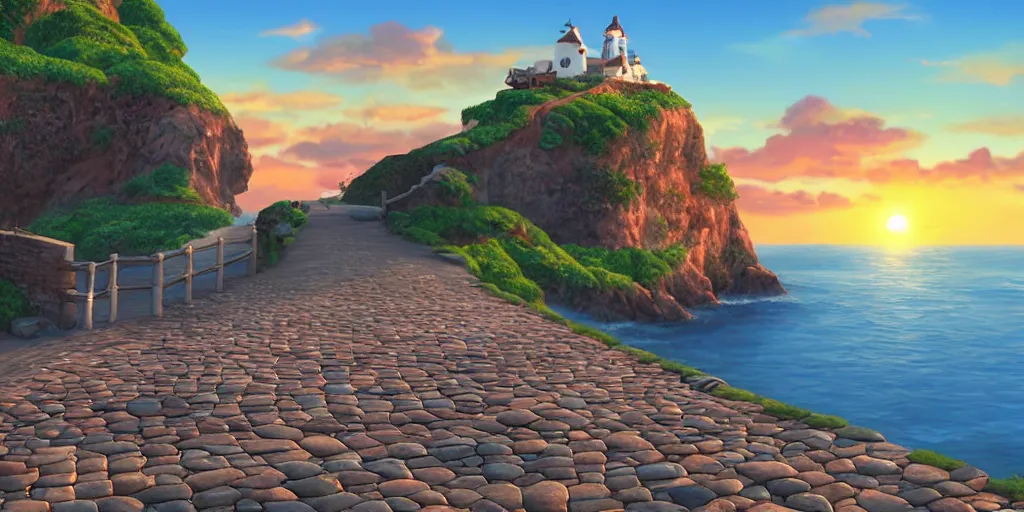 Prompt: epic professional digital art of a lonely cobblestone street with a kiosk on a cliff over the sea at sunset, highly detailed, pixar movie