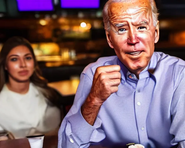 Prompt: a photo of joe biden at applebee's, asian wonton tacos, detailed face, ambient lighting, professional photography, 4 k ultra