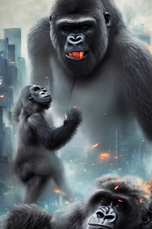 Prompt: concept art of huge gorilla fight with gorilla on burning tokyo city, cinematic composition, perfect lighting, art station trending