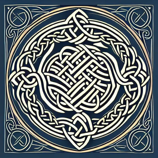 Prompt: a circular vector tattoo design. art nouveau, celtic knots, with a japanese influence, curvilinear, recursive.