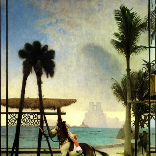 Image similar to Girl riding a horse leaving the palace through the bridge, thunderstorm, pool, beach and palm trees on the background major arcana sky, by paul delaroche, alphonse mucha and arnold böcklin arnold böcklin hyperrealistic 8k, very detailed